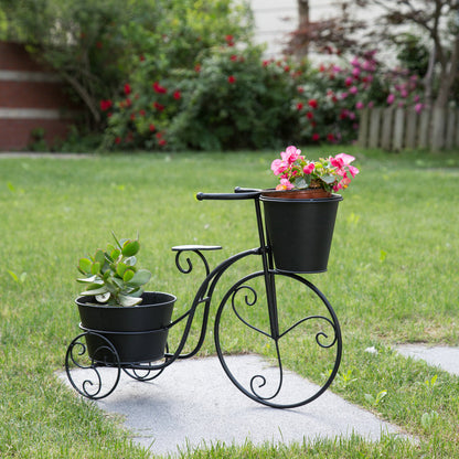 15"H Hand Painted Black Metal Standing Bicycle Plant Stand