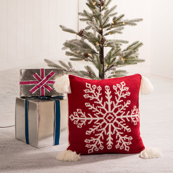 18"L*18"W Knitted Acrylic Red Pillow Cover with Tassels