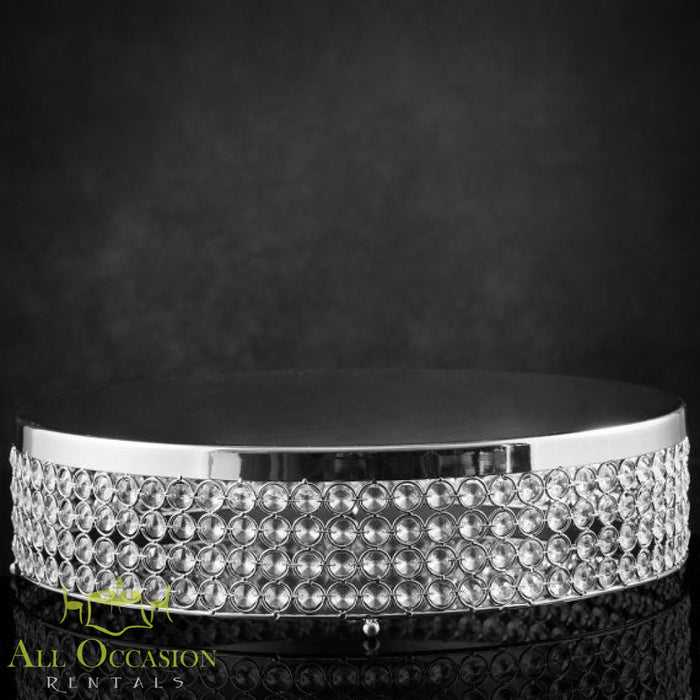 20" round crystal cake stand for weddings and events, perfect for Corona event rentals and party decor.