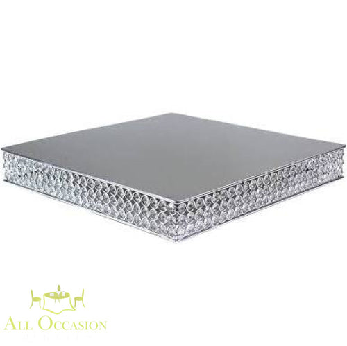 20" square crystal cake stand perfect for weddings and events, available through Corona event rentals.