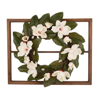 28"H Wooden Window Frame with 24"D Magnolia Wreath
