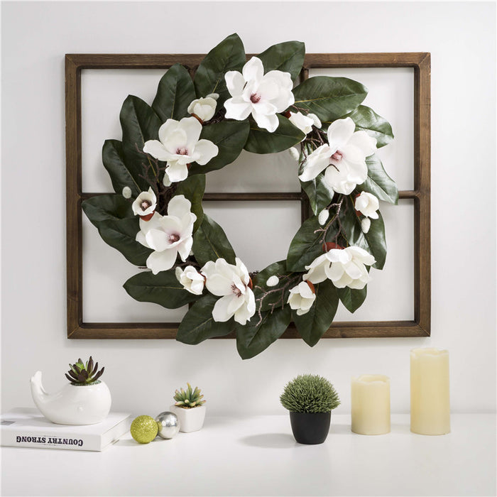28"H Wooden Window Frame with 24"D Magnolia Wreath