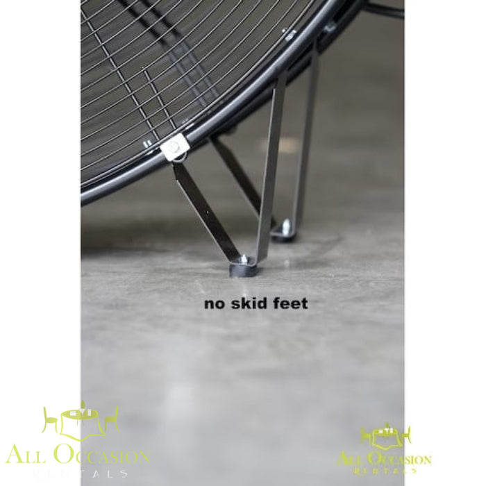 Close-up of the 36-Inch 2-Speed Indoor Black Industrial Fan Rental showing its no skid feet for stability on surfaces.