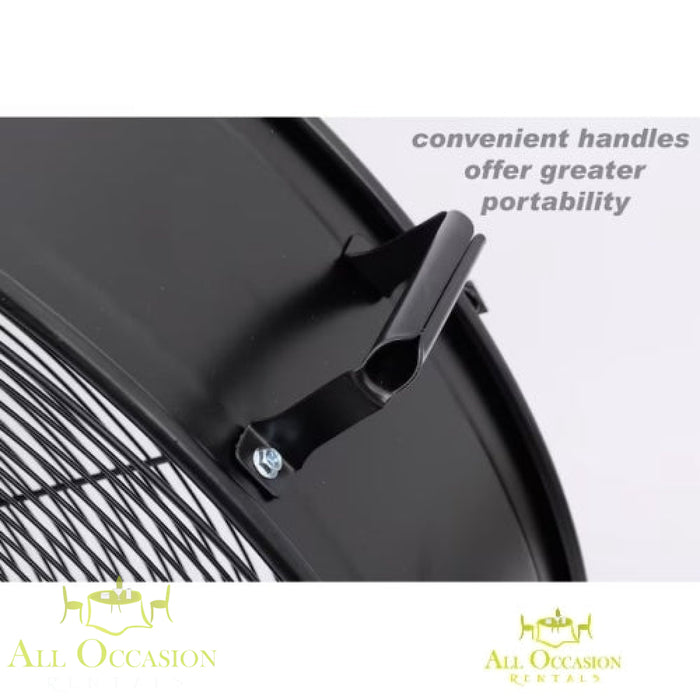 36-Inch 2-Speed Indoor Black Industrial Fan Rental with convenient handles for greater portability.