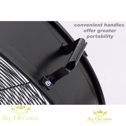 36-Inch 2-Speed Indoor Black Industrial Fan Rental with convenient handles for greater portability.