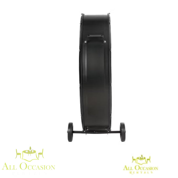 36-Inch 2-Speed Indoor Black Industrial Fan Rental side view showcasing durable design and portable wheels.