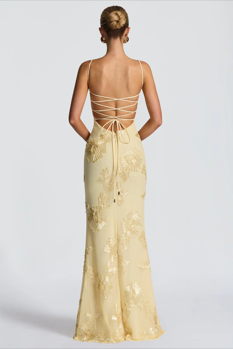 3D Applique Bone Pad Tie Back Solid Prom Dress