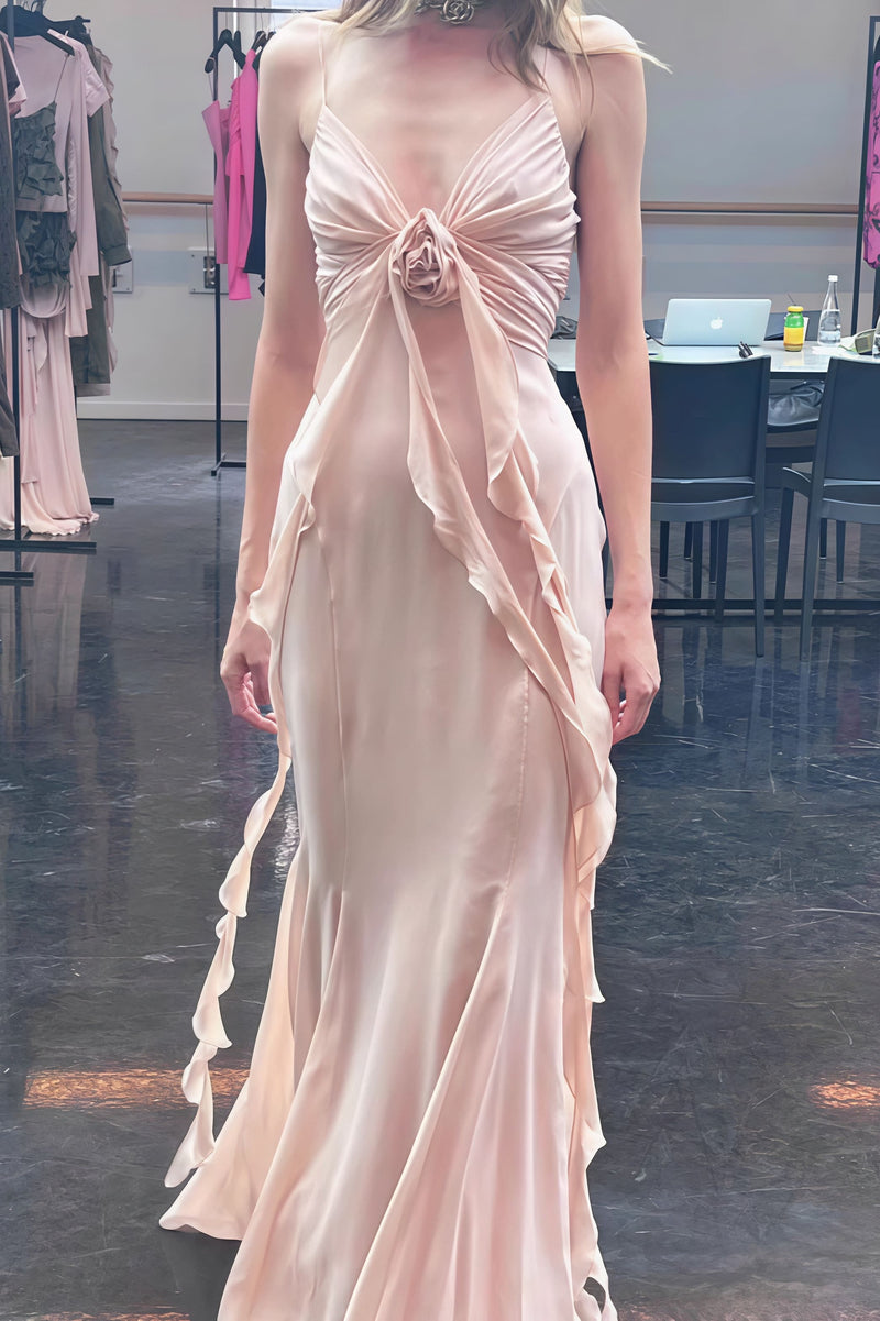 3D Rose Flowy Spaghetti Strap Backless Maxi Dress