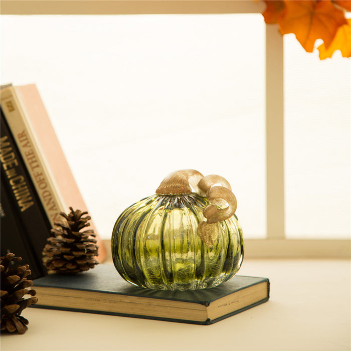 5.91"D Hand Blown Green Crackle Glass Pumpkin Decor