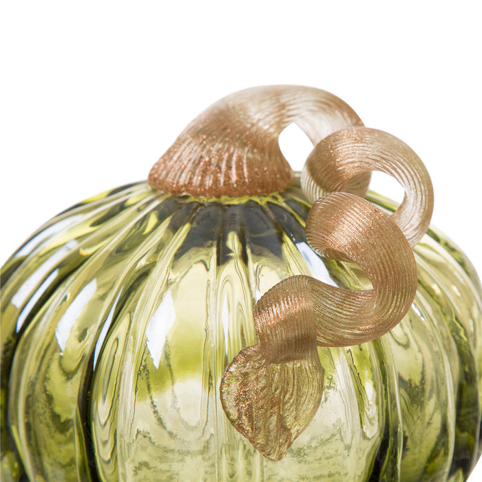 5.91"D Hand Blown Green Crackle Glass Pumpkin Decor