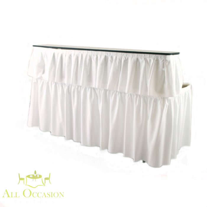6' Bar with White Draping rental, elegant bar setup for events, featuring crisp white draping.