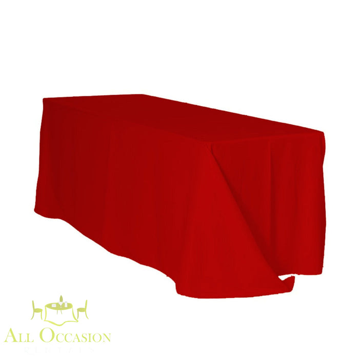 6 ft Polyester Red Table Drape covering a banquet table, perfect for events and gatherings.