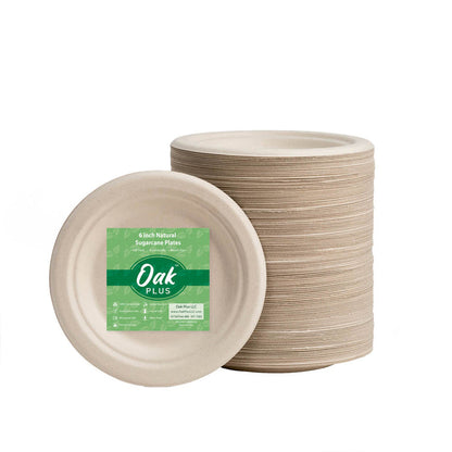 6 inch Natural Compostable & Disposable Sugarcane Plates, 600 Pack