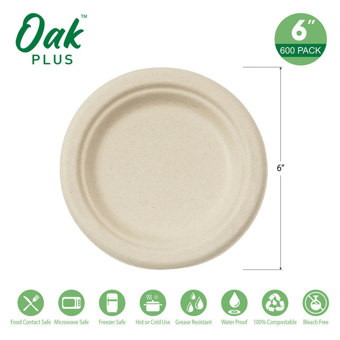 6 inch Natural Compostable & Disposable Sugarcane Plates, 600 Pack