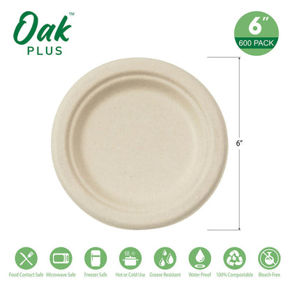 6 inch Natural Compostable & Disposable Sugarcane Plates, 600 Pack