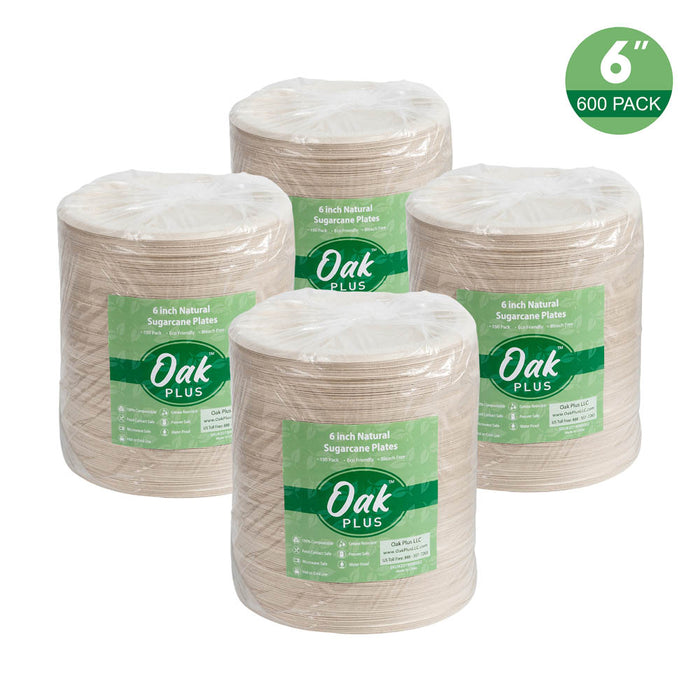 6 inch Natural Compostable & Disposable Sugarcane Plates, 600 Pack