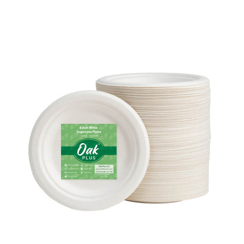 6 inch White Compostable & Disposable Sugarcane Plates, 600 Pack
