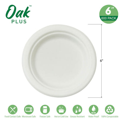 6 inch White Compostable & Disposable Sugarcane Plates, 600 Pack