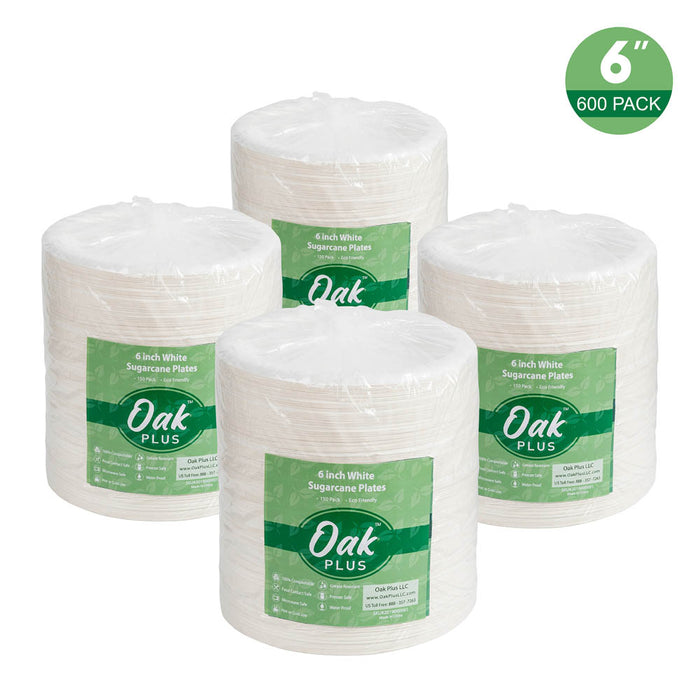 6 inch White Compostable & Disposable Sugarcane Plates, 600 Pack