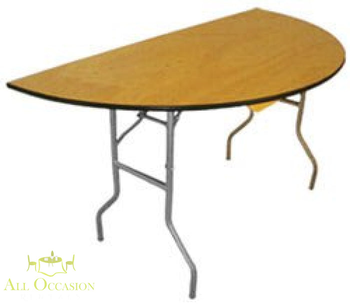60'' Half Round Folding Table on a white background, ideal for weddings and special events.