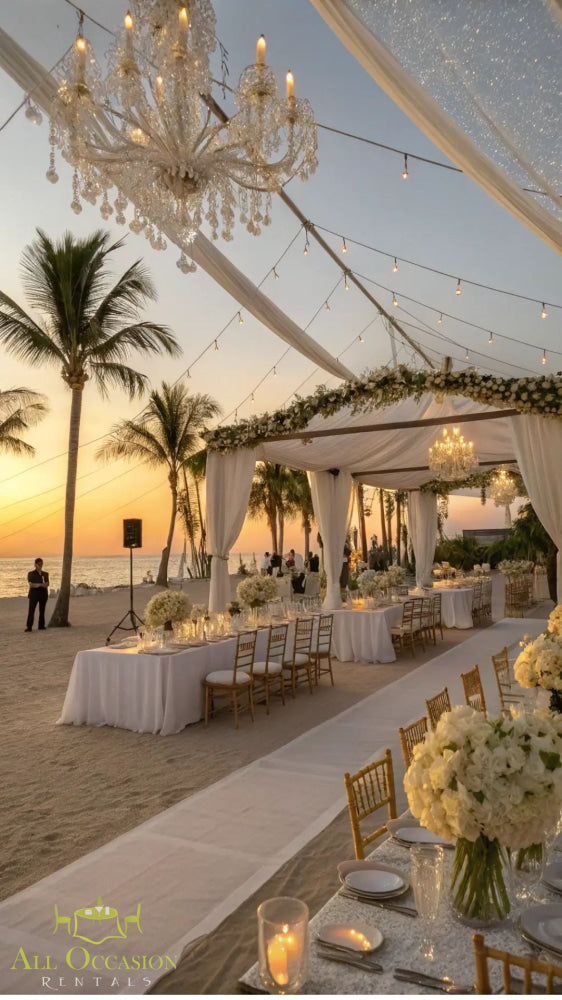 Stunning beachfront wedding setup with crystal chandelier, banquet tables, and beautiful flowers. Perfect for Corona event rentals.