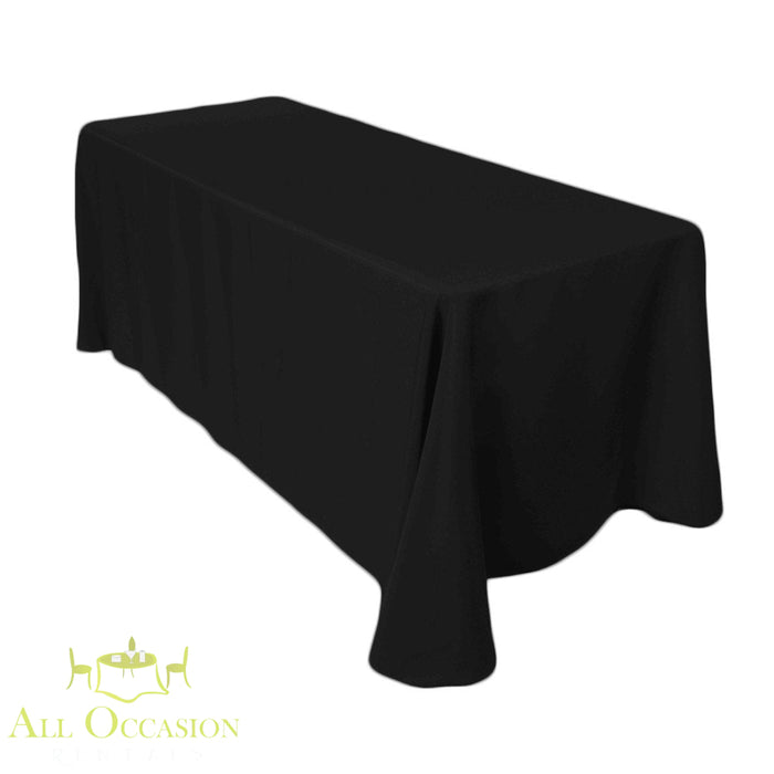 8 ft Polyester Black Table Drape rental for elegant events, providing a sleek and modern finish.