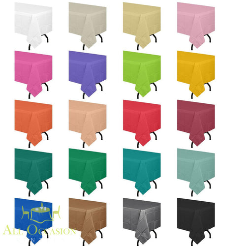 Various colors of 8 ft Table Drape options for event rentals, including white, pink, green, and black.