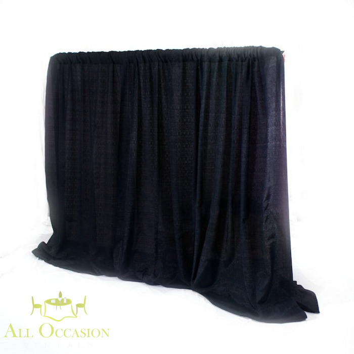 8' High Black Pipe & Drape Rental displayed in an event setting, perfect for enhancing décor, priced per linear foot.