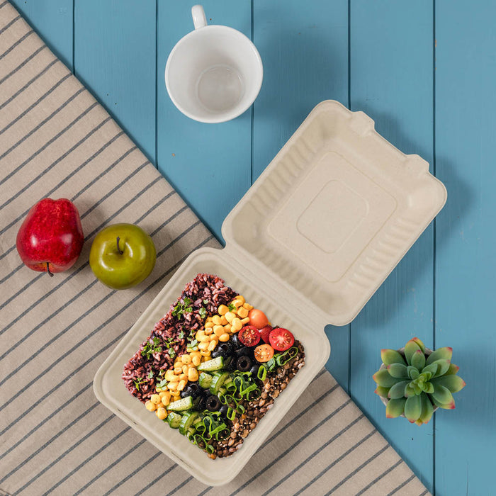 8 inch Natural Compostable & Disposable Sugarcane Clamshell Containers, 300 Pack