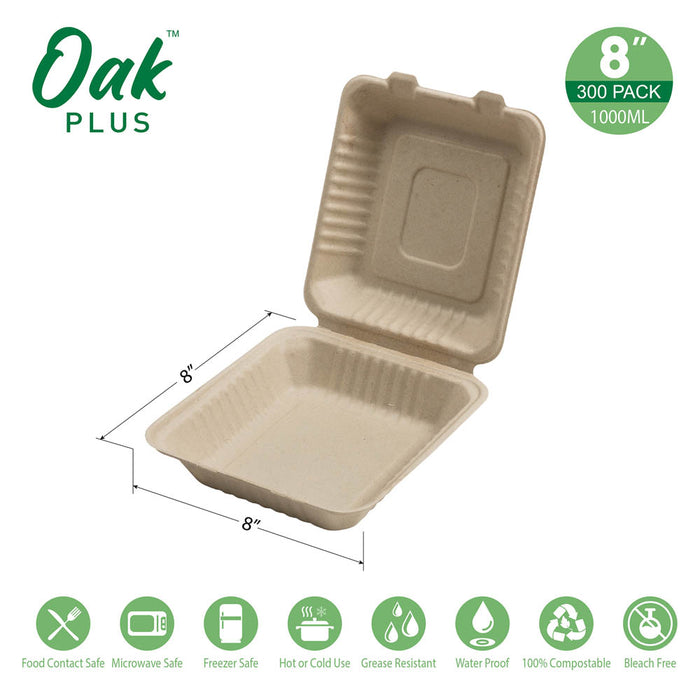 8 inch Natural Compostable & Disposable Sugarcane Clamshell Containers, 300 Pack