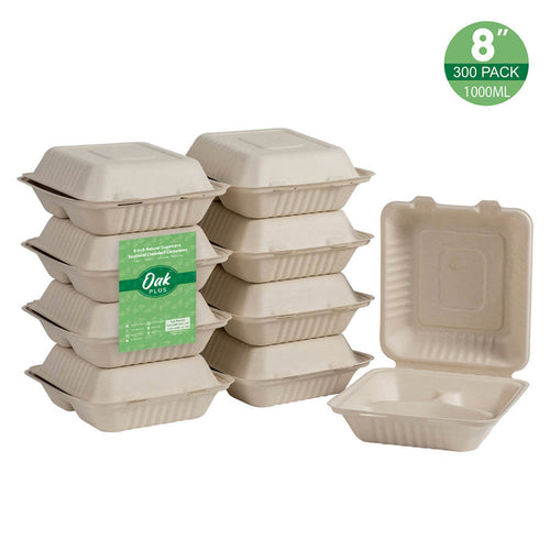 8 inch Natural Compostable & Disposable Sugarcane Sectional Clamshell Containers, 300 Pack
