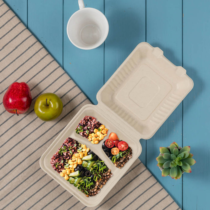 8 inch Natural Compostable & Disposable Sugarcane Sectional Clamshell Containers, 300 Pack