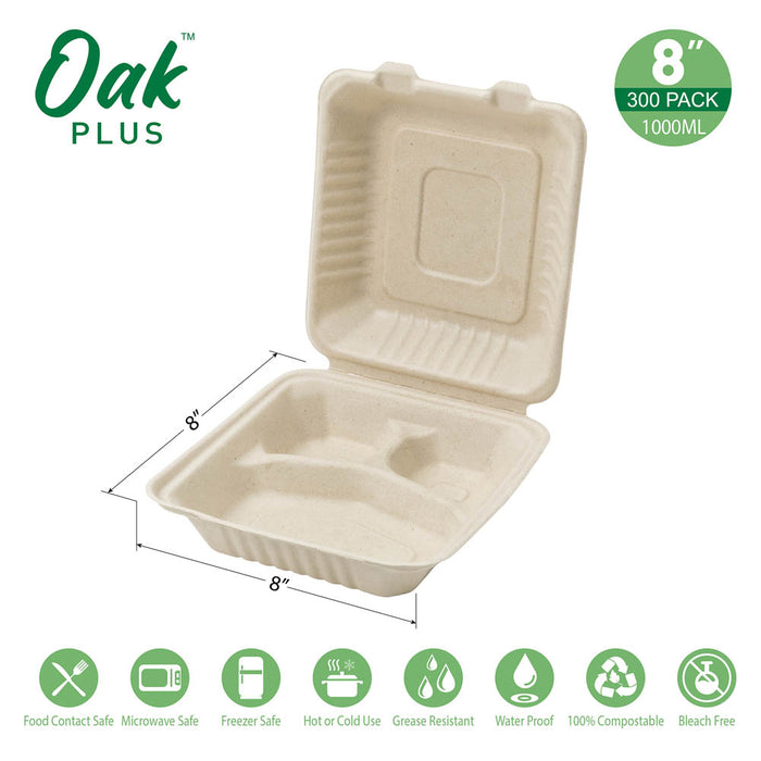 8 inch Natural Compostable & Disposable Sugarcane Sectional Clamshell Containers, 300 Pack
