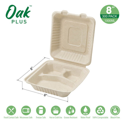 8 inch Natural Compostable & Disposable Sugarcane Sectional Clamshell Containers, 300 Pack