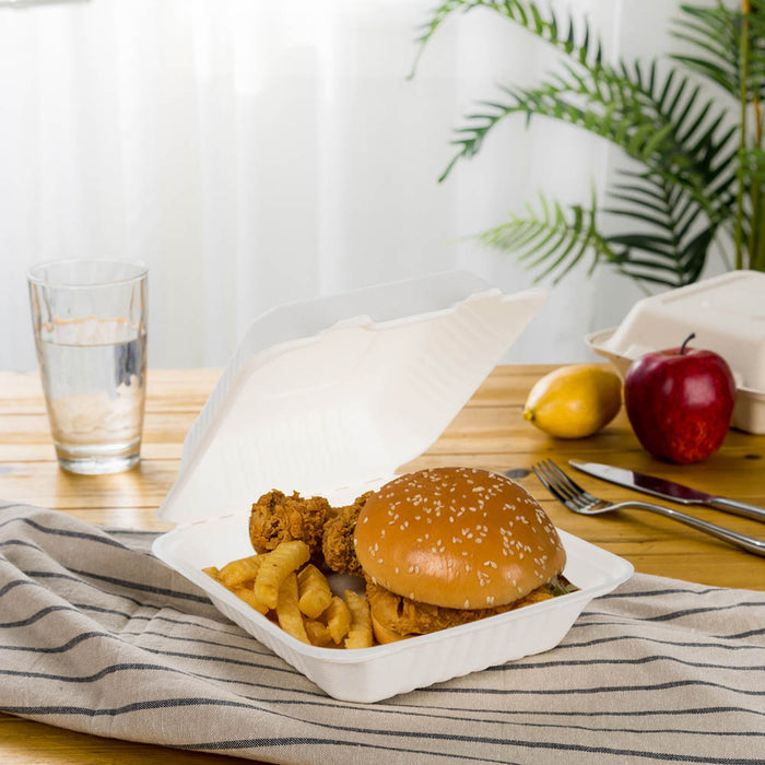 8 inch White Compostable & Disposable Sugarcane Clamshell Containers, 300 Pack