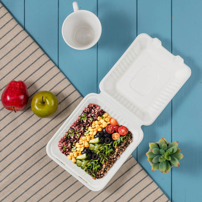 8 inch White Compostable & Disposable Sugarcane Clamshell Containers, 300 Pack