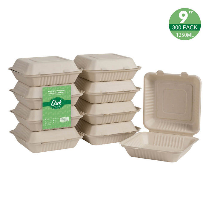 9 inch Natural Compostable & Disposable Sugarcane Clamshell Containers, 300 Pack