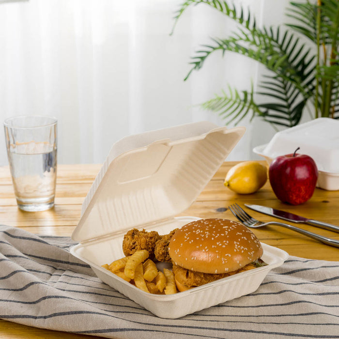 9 inch Natural Compostable & Disposable Sugarcane Clamshell Containers, 300 Pack