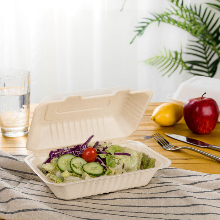 9 inch Natural Compostable & Disposable Sugarcane Clamshell Containers, 300 Pack