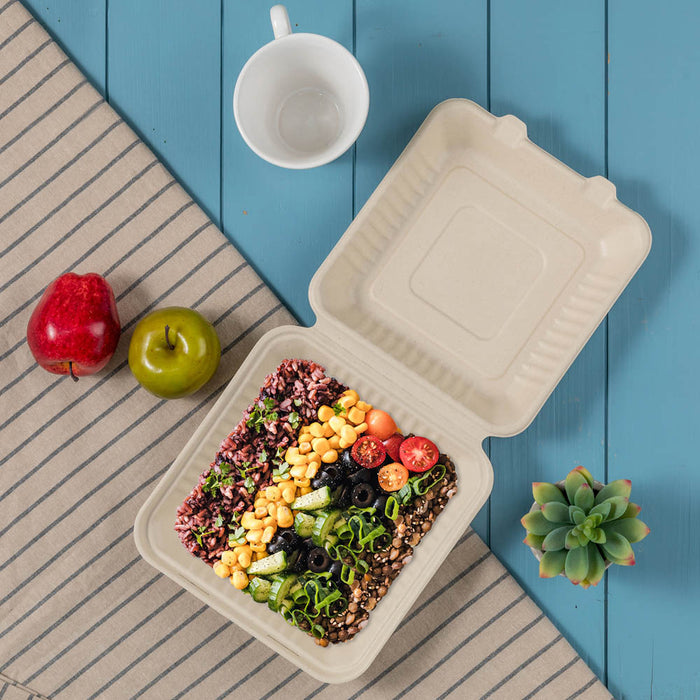 9 inch Natural Compostable & Disposable Sugarcane Clamshell Containers, 300 Pack