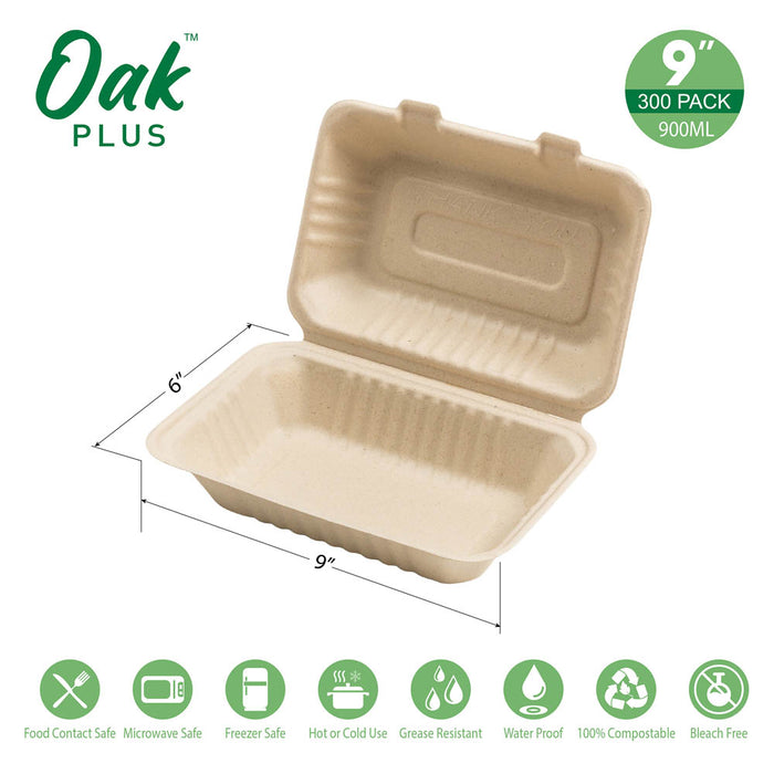 9 inch Natural Compostable & Disposable Sugarcane Clamshell Containers, 300 Pack
