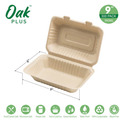 9 inch Natural Compostable & Disposable Sugarcane Clamshell Containers, 300 Pack