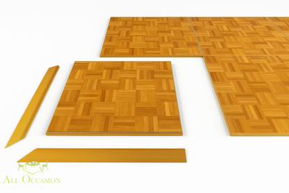 9' X 9' Oak Dance Floor Rental featuring polished wood tiles and corner pieces for elegant events.