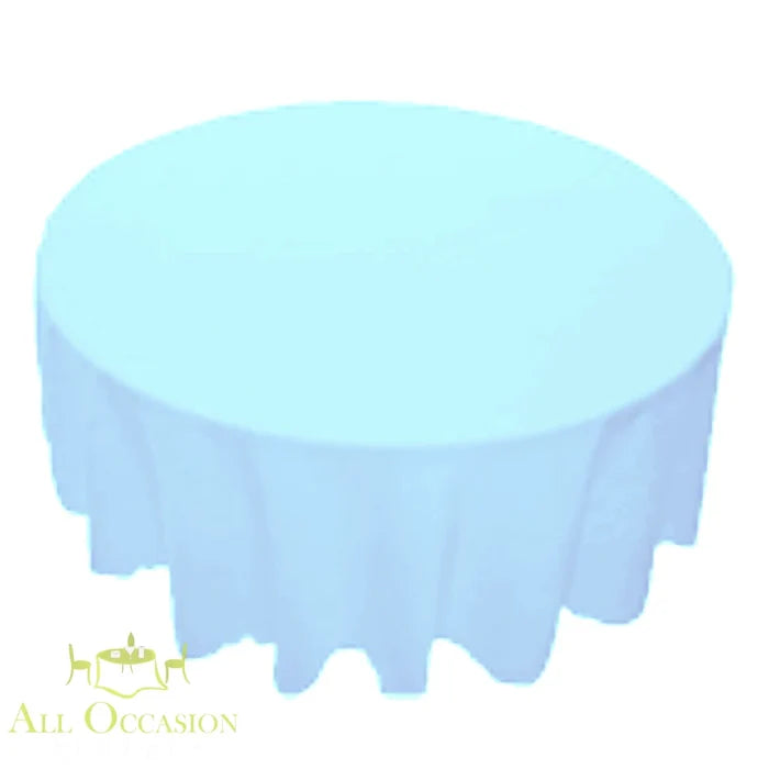 90 inch Round Polyester Tablecloth Baby Blue on a round table.