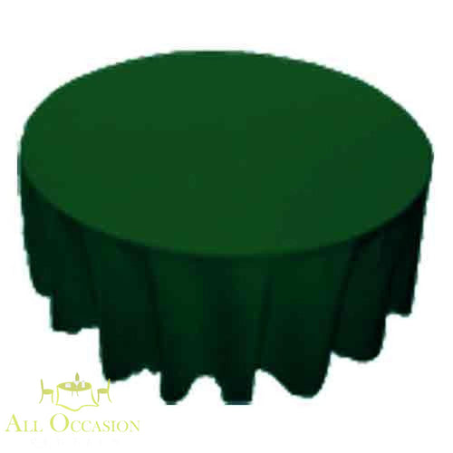 90 inch Round Polyester Tablecloth Hunter Green on a round table, ideal for events and celebrations.