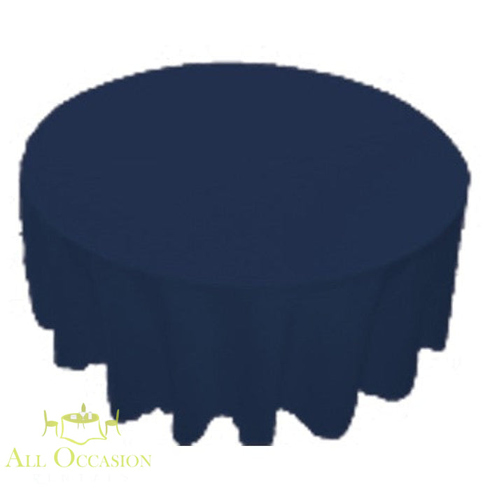 90 inch Round Polyester Tablecloth Navy Blue on a round table, perfect for elegant events and celebrations.