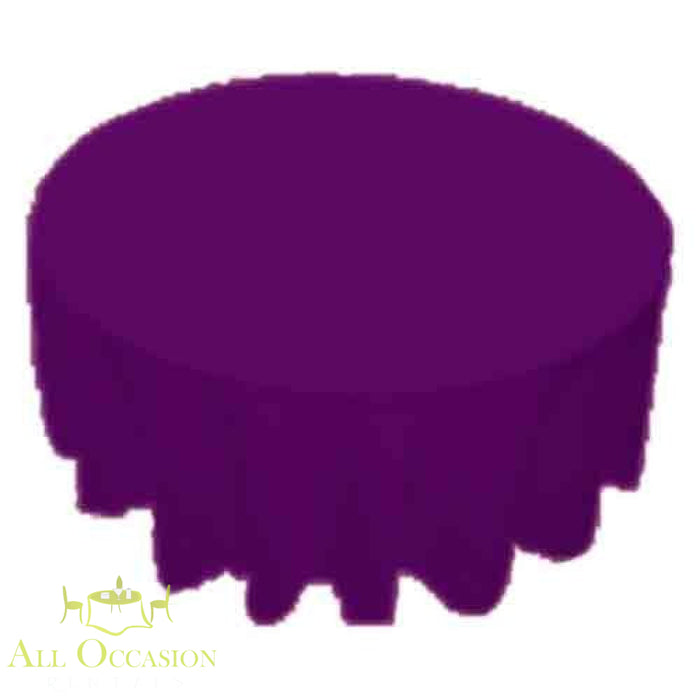 90 inch Round Polyester Tablecloth Purple on a round table, perfect for weddings and events.