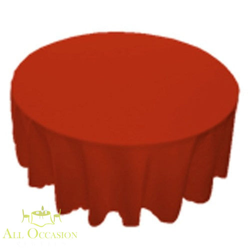 90 inch Round Polyester Tablecloth Red on a table for events and gatherings.