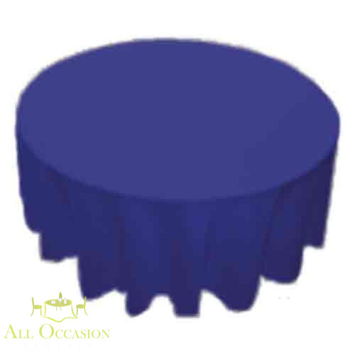 90 inch Round Polyester Tablecloth Royal Blue displayed on a round table in a vibrant royal blue color.