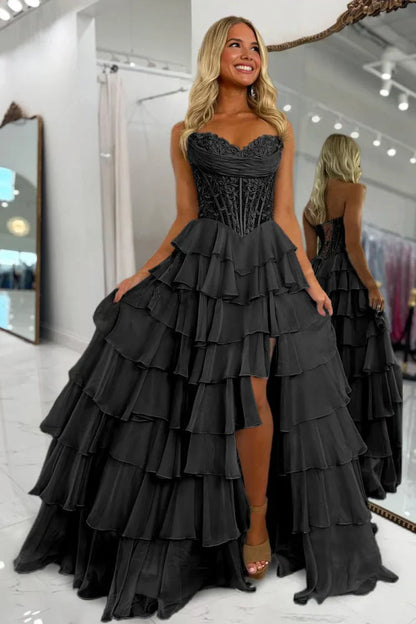 A Line Sweetheart Red Chiffon Long Prom Dress with Appliques